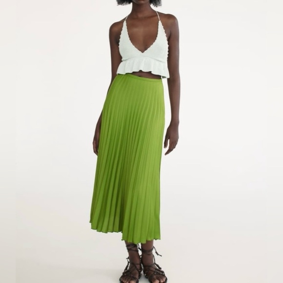Zara High Waisted Lime Green A-Line Pleated Midi Skirt Size XS - Picture 1 of 11